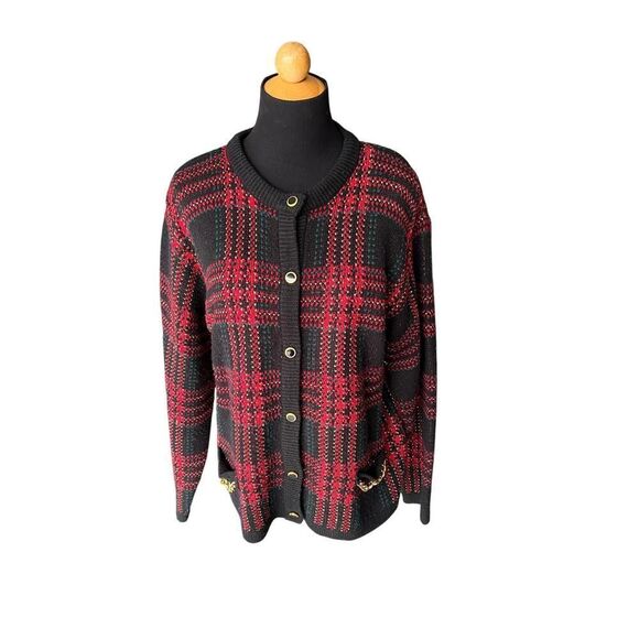 VINTAGE Laura Scott Plaid And Gold Homiday Festive Sweater Faux Pockets Size L - Picture 3 of 8